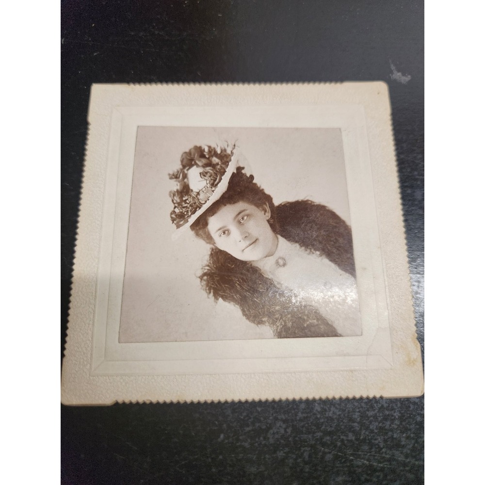 Victorian Mounted Photograph Woman Fancy Hat Fur Collar Antique Portrait 4x5